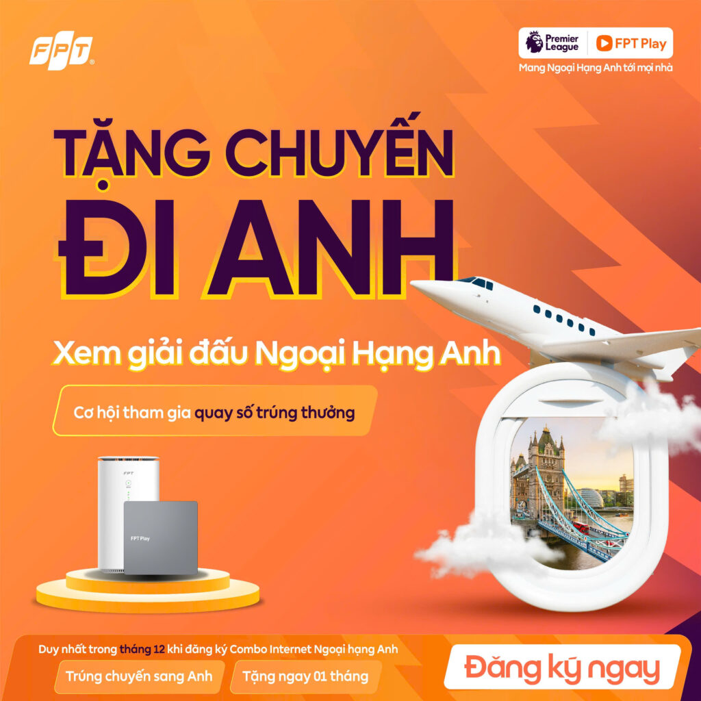 Banner khuyến mãi FPT Play xem trực tiếp Ngoại hạng Anh 2025/26 và trúng chuyến đi Anh trọn gói